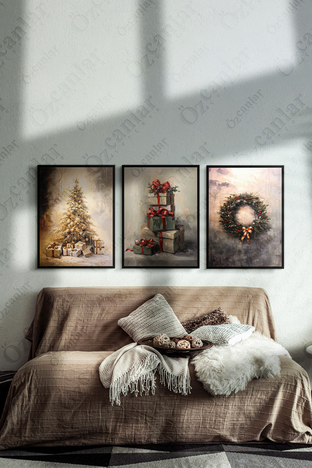 Yeni Yıl Seti Çerçevesiz Çerçeve Görünümlü 3 Parça Yılbaşı Seti Mdf Tablo Seti Mdf Baskı Noel - 3
