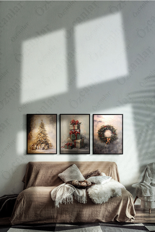 Yeni Yıl Seti Çerçevesiz Çerçeve Görünümlü 3 Parça Yılbaşı Seti Mdf Tablo Seti Mdf Baskı Noel - 2