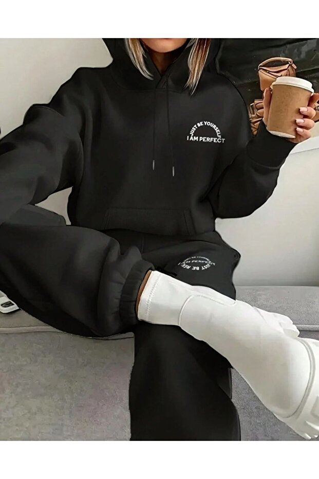 Plus Size 'I Am Perfect' Detail Printed Hooded Bottom-Top Tracksuit Set