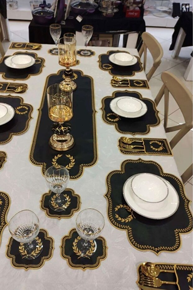 Başak Black Gold Tablecloth 6-Person 19-Piece Runner Set Leather Dining Presentation Set Embroidered 6-Piece Supl