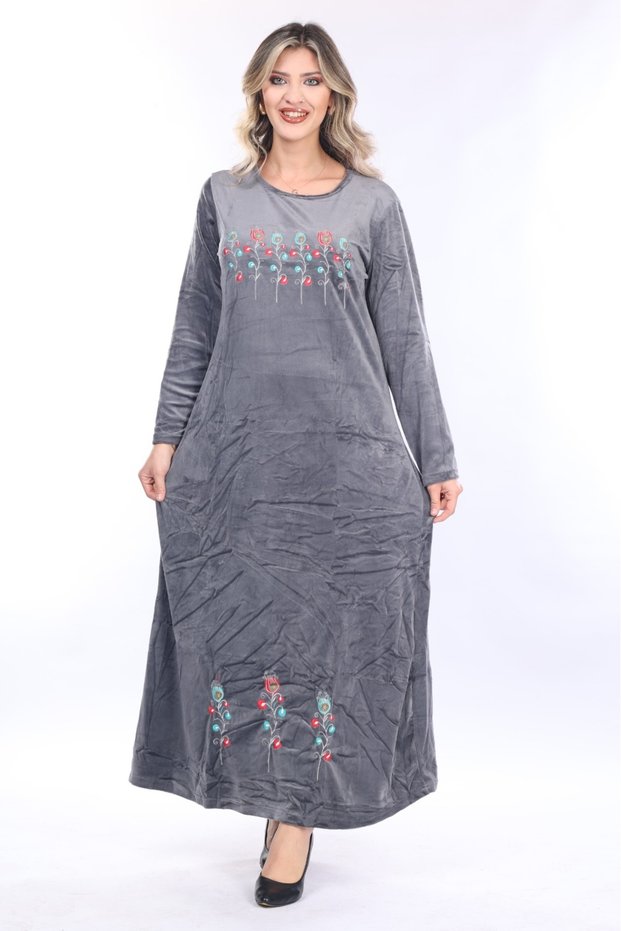 Women's gray neckline embroidery detailed velvet long dress