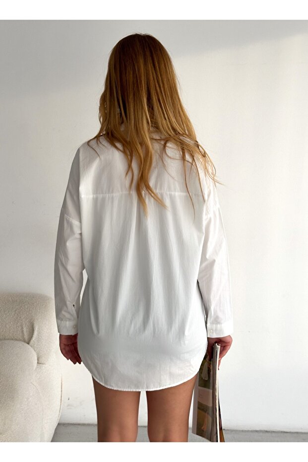 Kadın Beyaz Oversize Uzun Basic Gömlek - 4