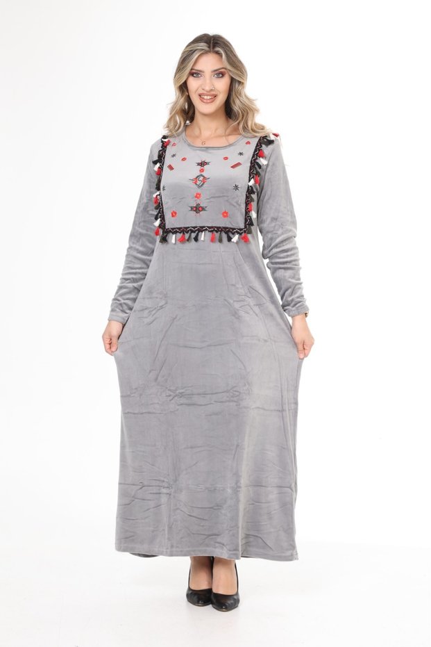 Women's Gray Collar Embroidery Detailed Velvet Dress