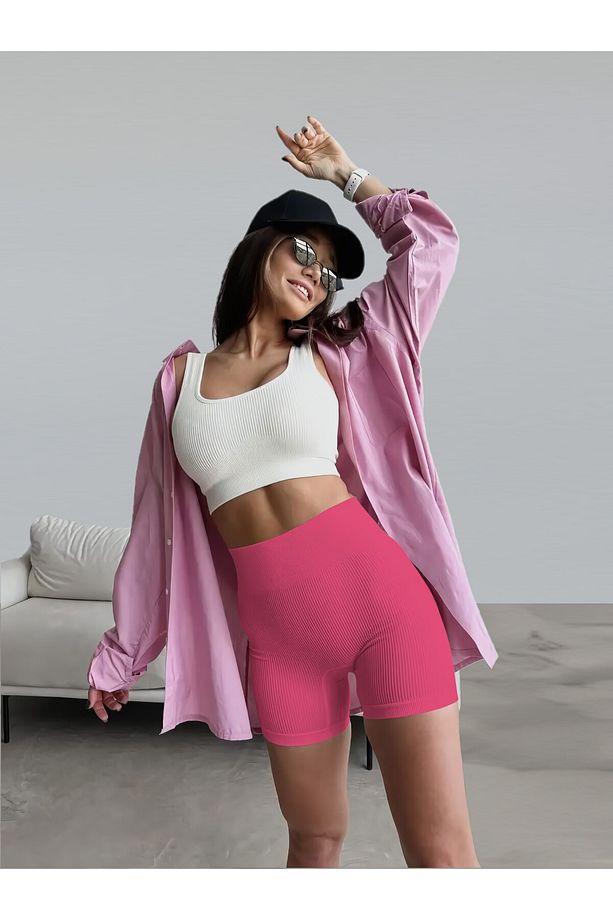 Dublin Model Seamless Fitilli Spor Şort Örme Model Sıkılaştırıcı Şekerpembe Renk - 3
