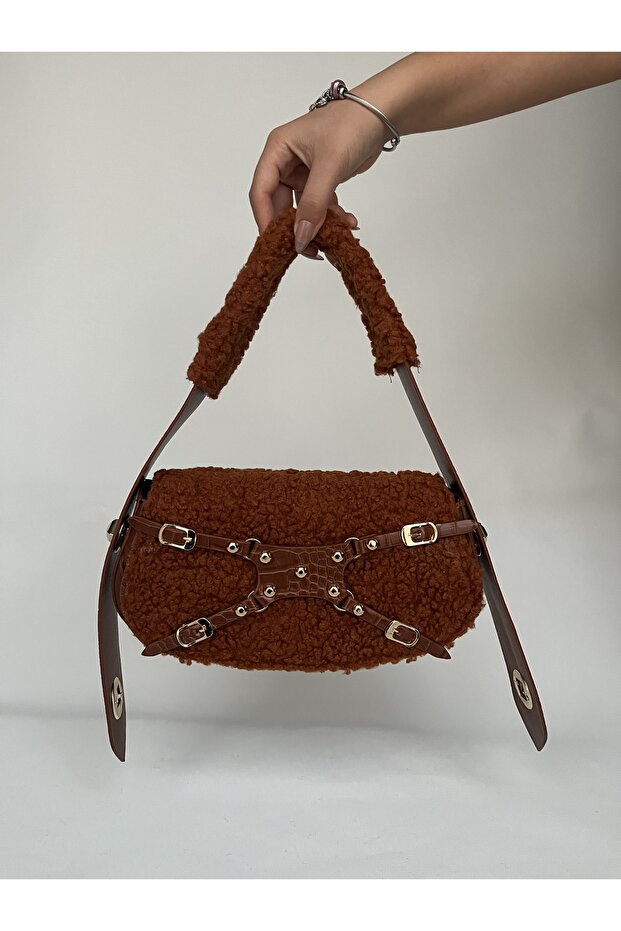 Women's Tile Brown Plush Kurdish Bag Crocodile Fur Detailed Shoulder Bag with Adjustable Lock Strap