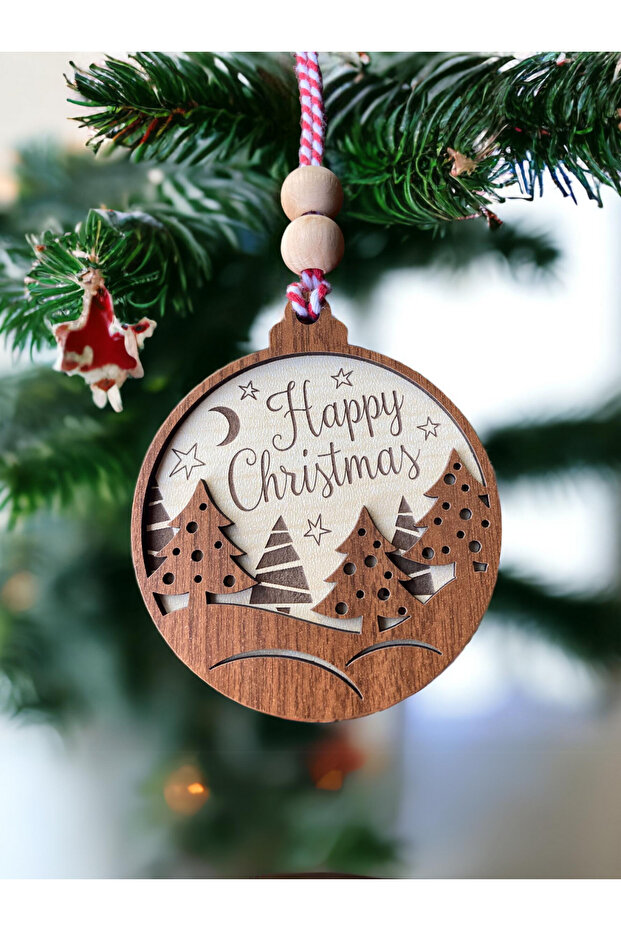 Happy Christmas Written Scandinavian Style Christmas Tree Ornament: Moon, Star and Pine Tree Patterned Special Ornament