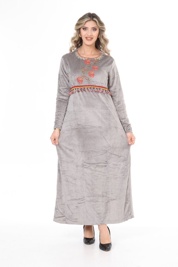 Women's gray long velvet dress with collar embroidery detail