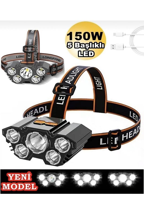 150w Ultra Güçlü Kafa Lambası Şarjlı Kamp Avcı Balıkçı Av Feneri Kafa Feneri 5 Gözlü Led Fener - 1