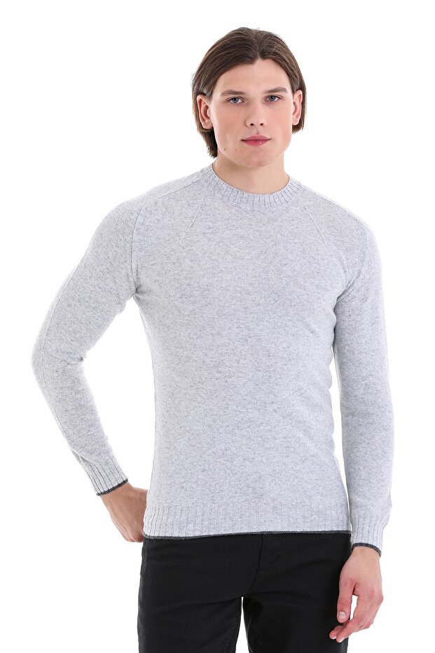 Gray Regular Fit Plain Crew Neck Wool Knitwear Sweater