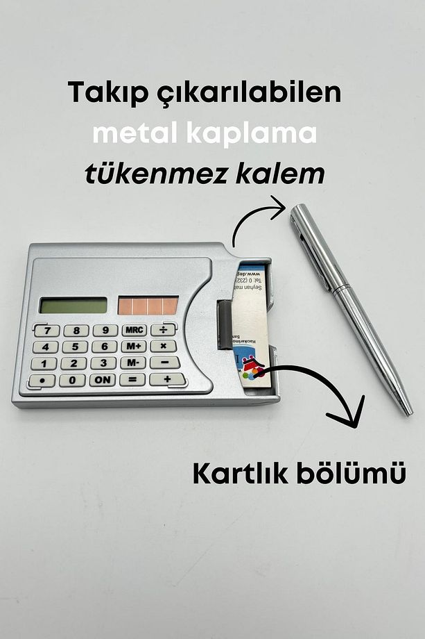 3ü 1 Arada Taşınabilir Hesap Makinesi Güneş Enerjili Kartvizitlik Tükenmez Kalem Cep Tipi Calculator - 5