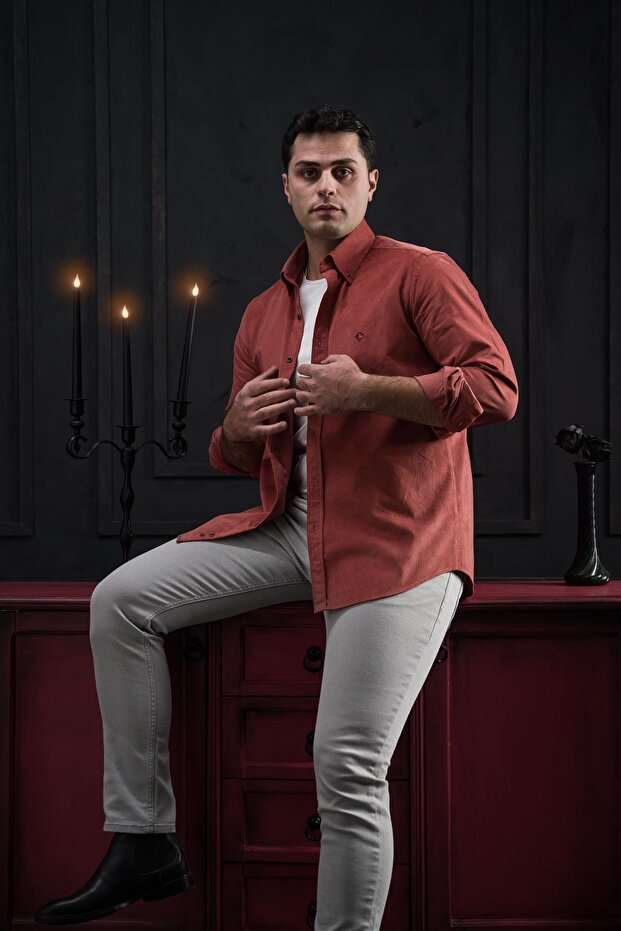 Regular Fit Slim Corduroy Collar Buttoned Cotton Men's Velvet Shirt