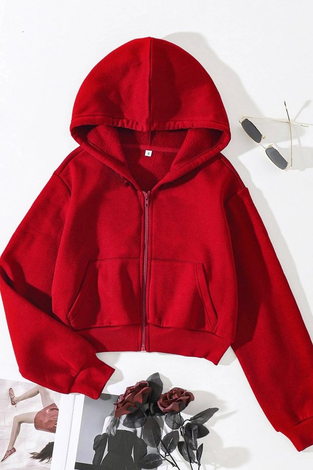 Women's Red Hooded Zippered Crop Cardigan