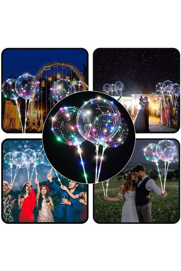 3 Mt Led Işıklı - 3 Pilli - 3 Fonksiyonlu - Balon Çubuklu - 45 Cm Işıklı Şeffaf Balon Seti - 1 Adet - 1