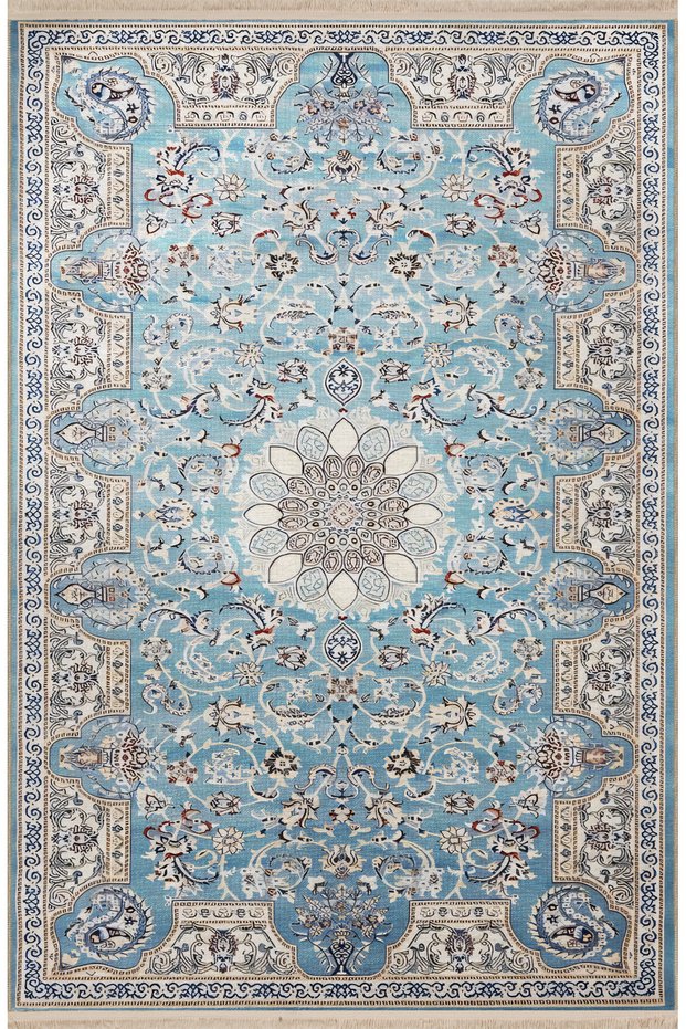 Blue Gray Themed Traditional Motif Ethnic Floral Patterned Creative Vintage Decorative Carpet 2401