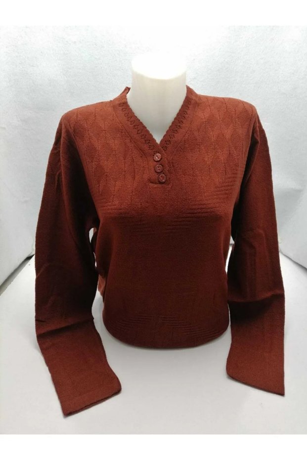 Patterned Knitwear Normal Mold Relaxed Cut Women's Mother V-Neck Sweater hjkuk24