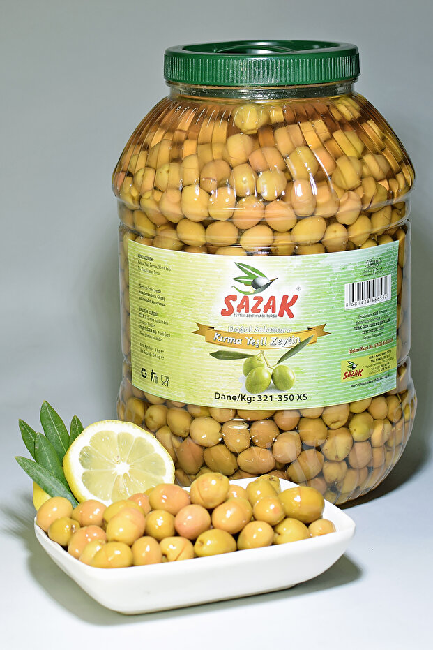 sazak zeytin zeytinyağı Yeşil Kırma Zeytin 5 Lt Pet Xs Orta Kalibre Net 3.3 Kg (321 -350 Xs Kalibre Orta Büyüklük )