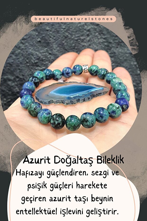 Azurite Natural Stone Bracelet (with Agate Stone Gift) 8 Mm (Memory Strengthening / Intuition and Psychic Power)