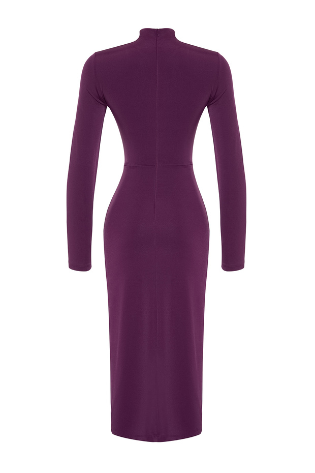 Mürdüm Vücuda Oturan Örme Pencere/Cut Out Detaylı Şık Abiye Elbise TPRAW24EL00143 - 8