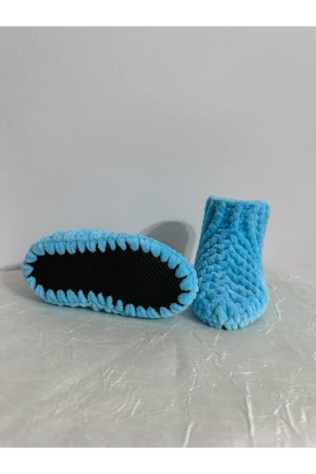 Ev Botu Panduf Kadife Ip Açık Mavi El Örgüsü - 6