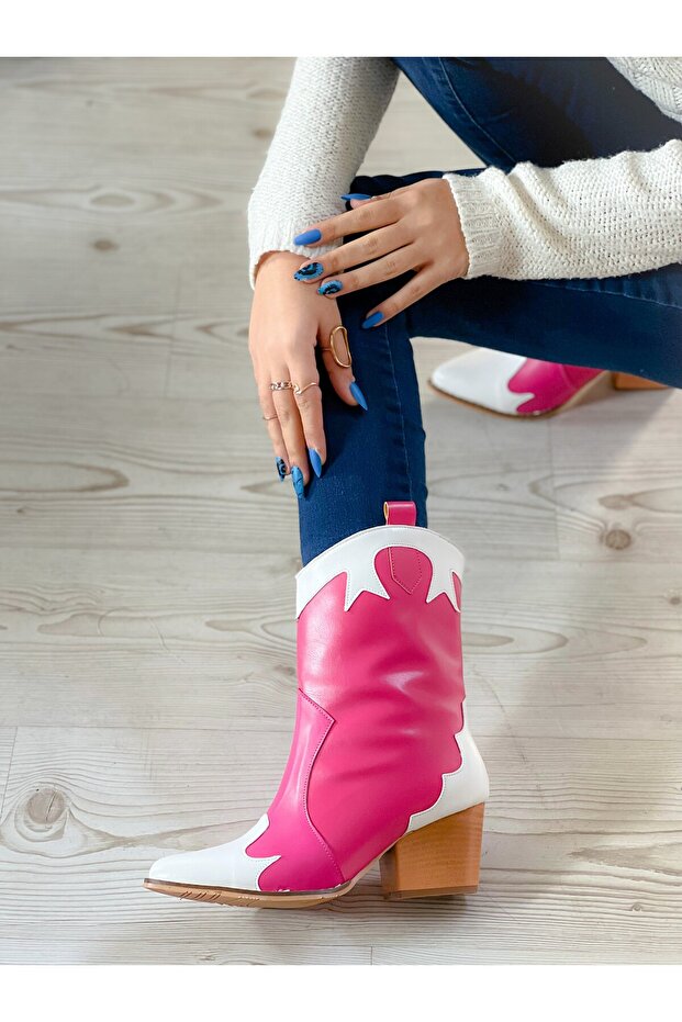 DORİ PINK WHITE LEATHER DETAIL DALLAS WESTERN BOOTS