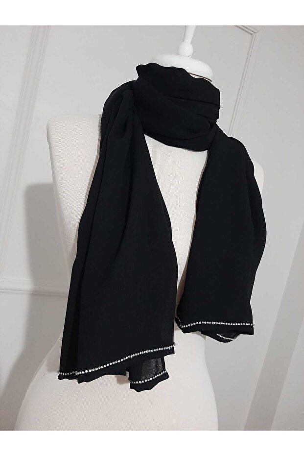 Siyah Krep Şifon Kumaş El İşlemesi ile Şerit Swaroski Taşlı Lüks Şal - 1