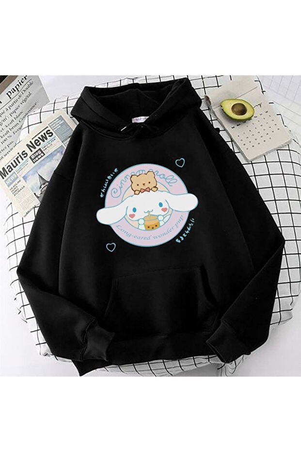 Cinnamoroll Printed Black Hooded Girl's Sweatshirt