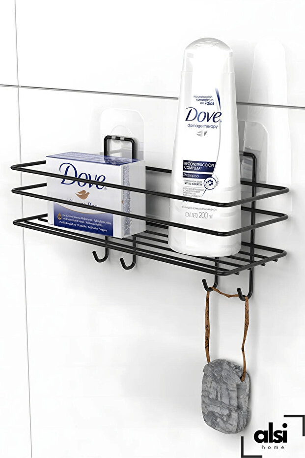 Adhesive 4-Hook Bathroom Shelf, Matte Black, Bathroom Shampoo Holder, Shower Tray, Shower Rack