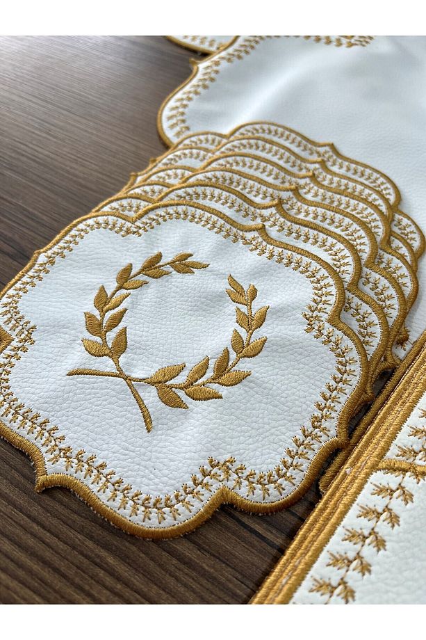 Başak Krem Gold Masa Örtüsü 6 Kişilik 19 Parça Runner Seti Nakışlı Deri Yemek Sunum Takımı - 3