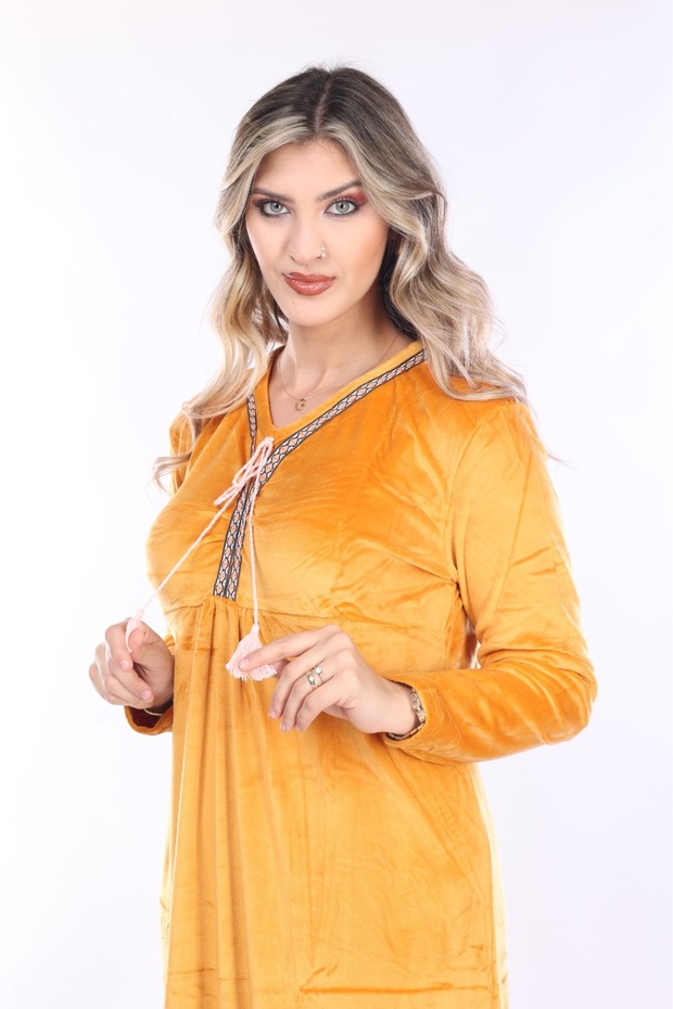 Women's Mustard V-Neck Velvet Long Dress