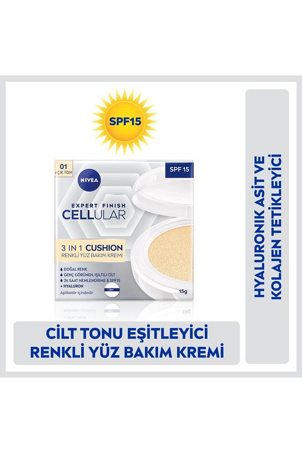 Cellular Expert Finish 3in1 Cushion Renkli Açık Ton Yüz Bakım Kremi 15ml, Hyaluron ve Kolajen - 1