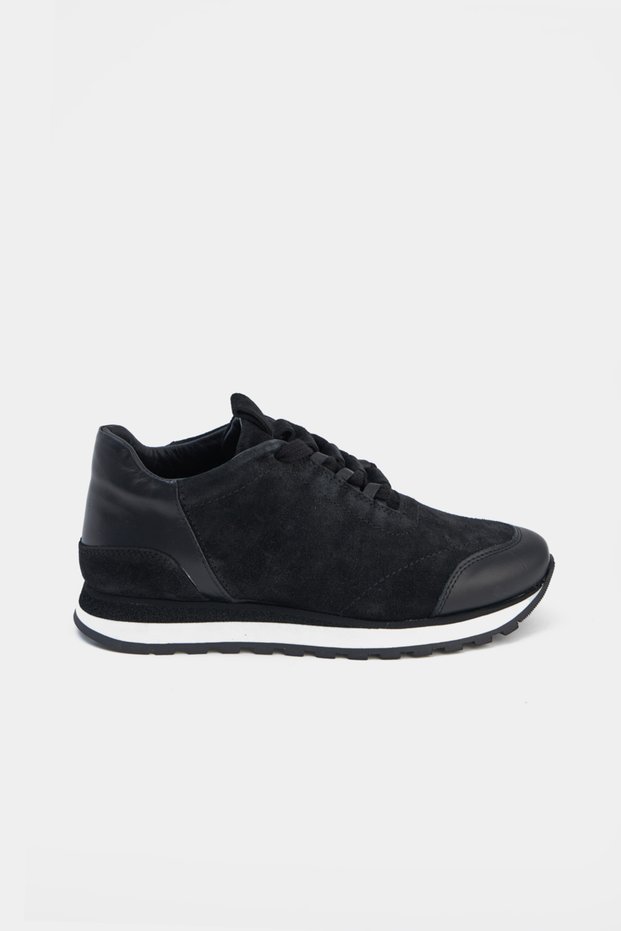 Real Suede and Leather Mixed Lace-Up Thin-Sole Classic Black Color Women's Sports Shoes