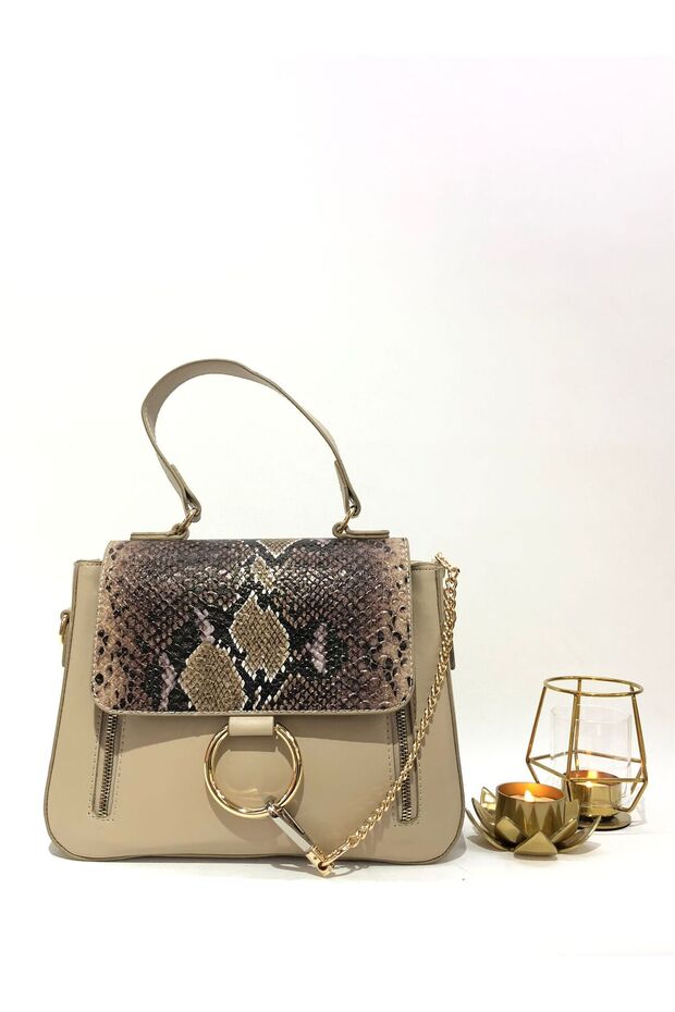 Mink Color Anaconda Patterned Cover Chain Accessory Women's Handbag with Shoulder Strap