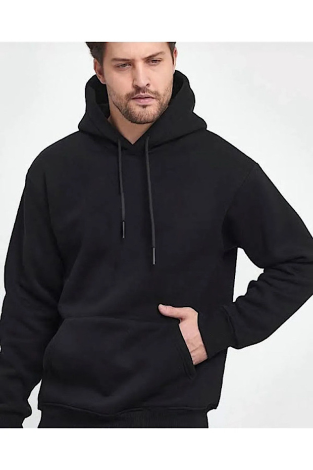 Black Color 3 Thread Thick Hooded Sweatshirt