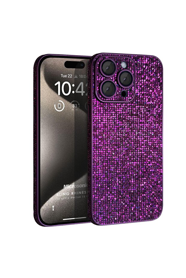 Apple iPhone 15 Pro Max Kılıf Bling Rhinestones Mor - 1