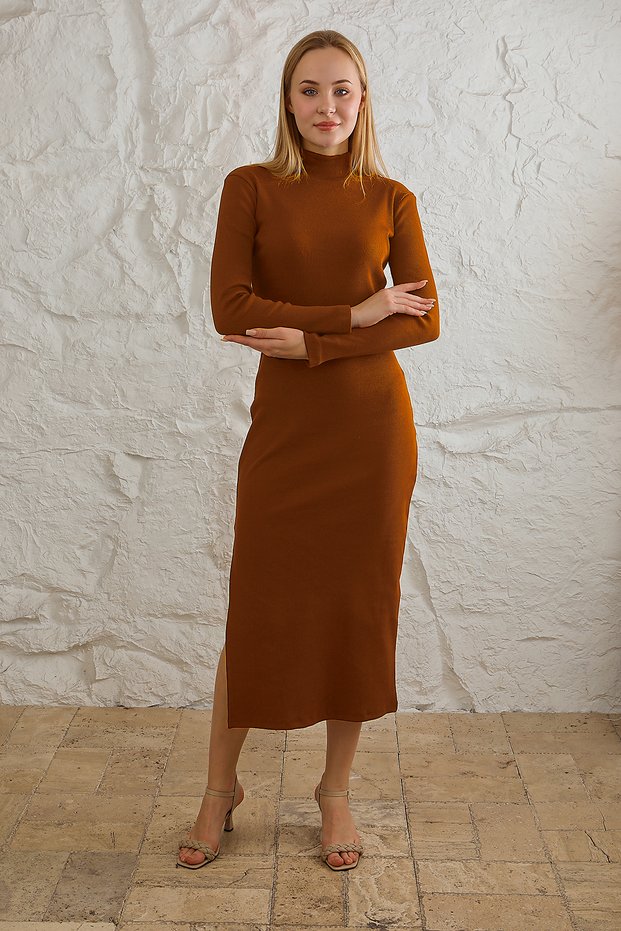 Camisole Turtleneck Slit Knitted Long Dress Brown