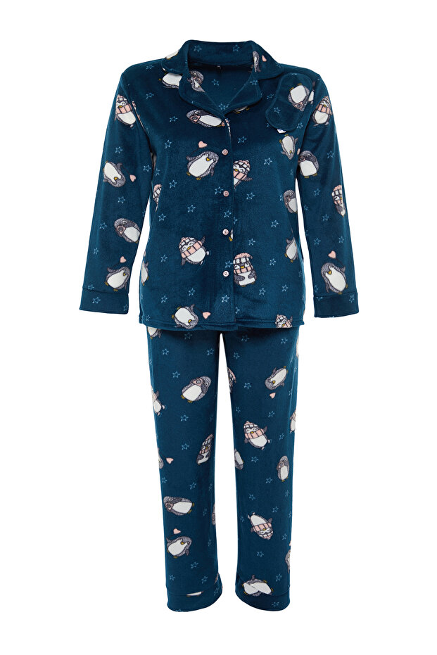 Petrol Penguen Desenli Gömlek Yaka Polar Pijama Takımı TBBAW24AI00025 - 7