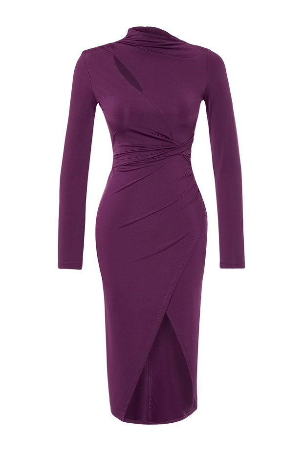 Mürdüm Vücuda Oturan Örme Pencere/Cut Out Detaylı Şık Abiye Elbise TPRAW24EL00143 - 7