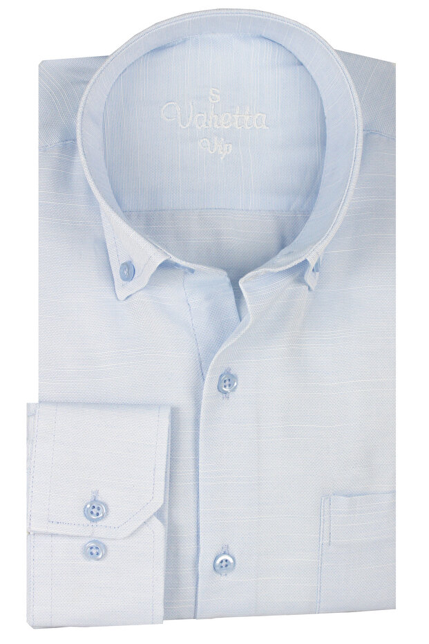 Men's Sweet Blue Plain Long Sleeve Cotton Linen Effect Pocket Collar Button Shirt