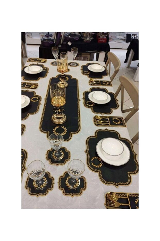 Başak Black Gold 12-Person 37 Piece American Service Runner and Set Embroidered Leather Dining Presentation Set