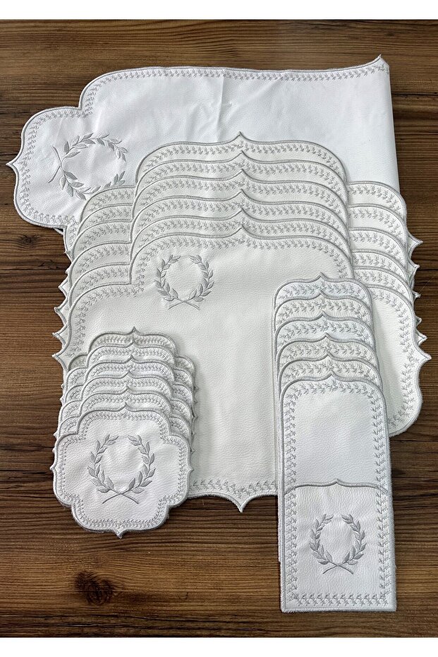 Başak Cream Silver 8-Person 25 Piece Tablecloth Embroidered Leather Runner Set Dining Presentation Set