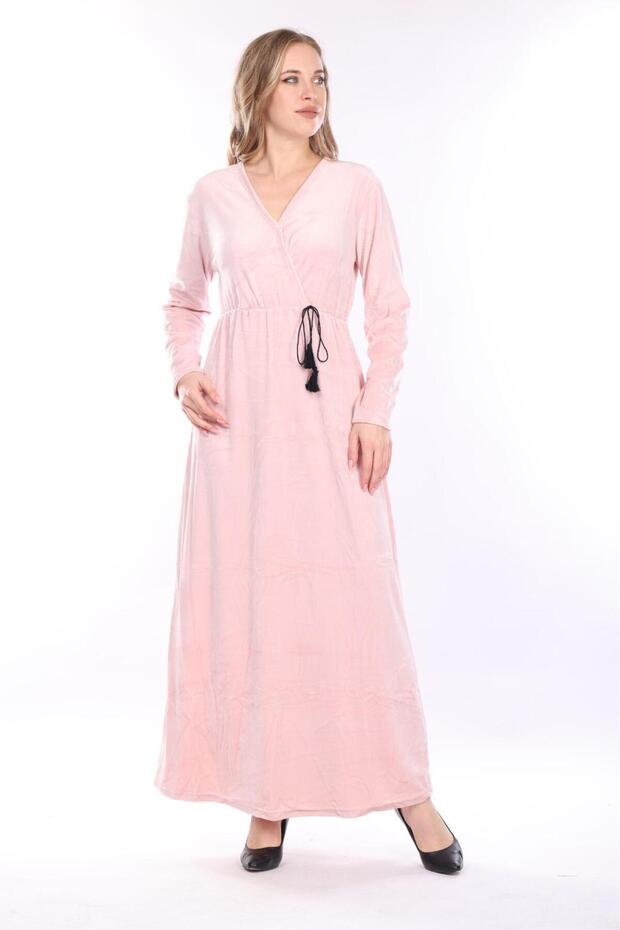 Women's Pink double-breasted collar long velvet dress