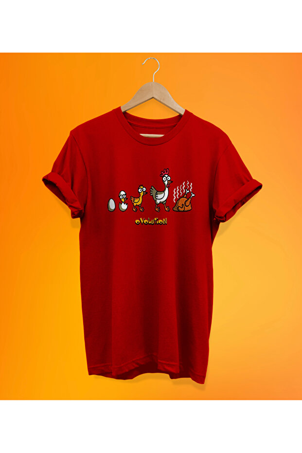 Chicken Evolution Printed Red, 100% Cotton Basic (Regular Size) T-Shirt - 1