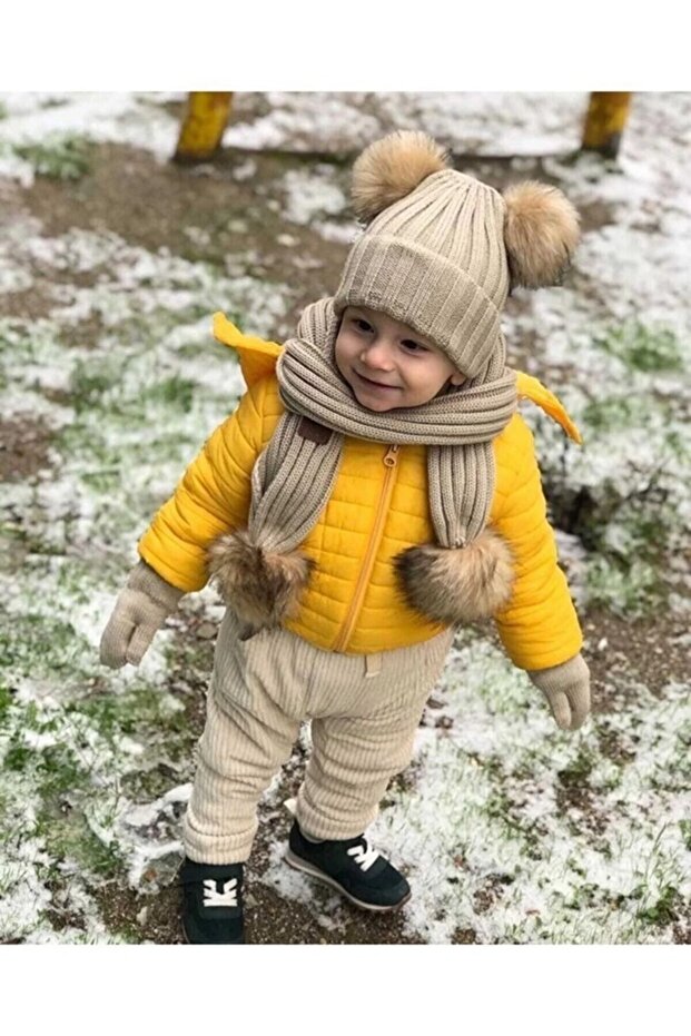 Unisex Double Pompom Children's Scarf Beanie Set
