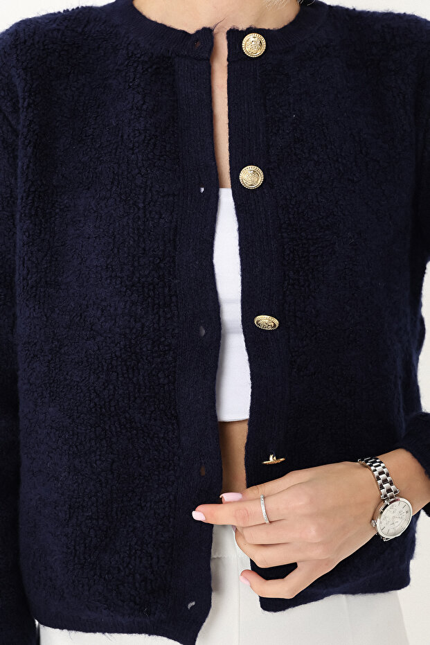 Women's Crew Neck Gold Buttoned Teddy Cardigan