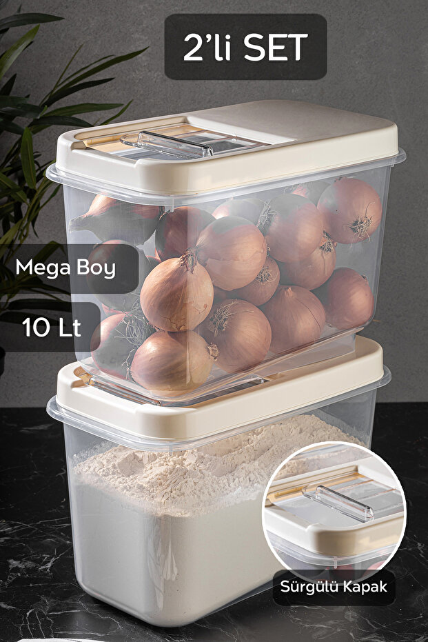 2 Pieces 10 Lt Mega Size Flour Food Storage Container - Kitchen Organizer Storage Box with Sliding Lid Cream