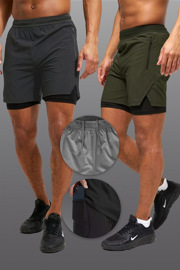 | 2 Li Paket | Unisex Gym Ve Fitness Astarlı Taytlı Şort | Gizli Cep Detaylı - 1
