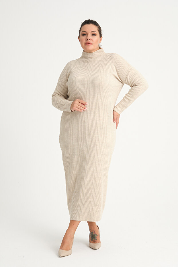 Cream Half Collar Turtleneck Knitwear Plus Size Dress