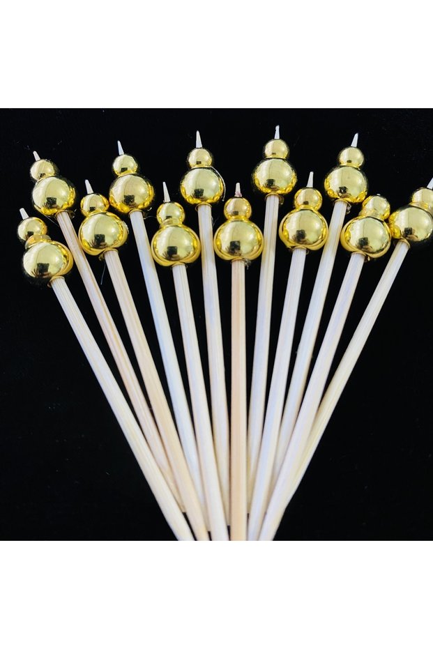 No:9 - 50 Pieces Decorative Gold Color Double Beaded Stylish Cocktail Toothpicks