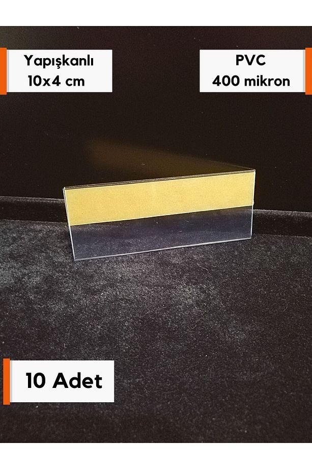 10 adet PVC Etiketlik Yapışkanlı 10x4 cm, Raf Fiyat Etiket Cebi, Yapışkanlı Şeffaf Ürün Etiketliği - 1