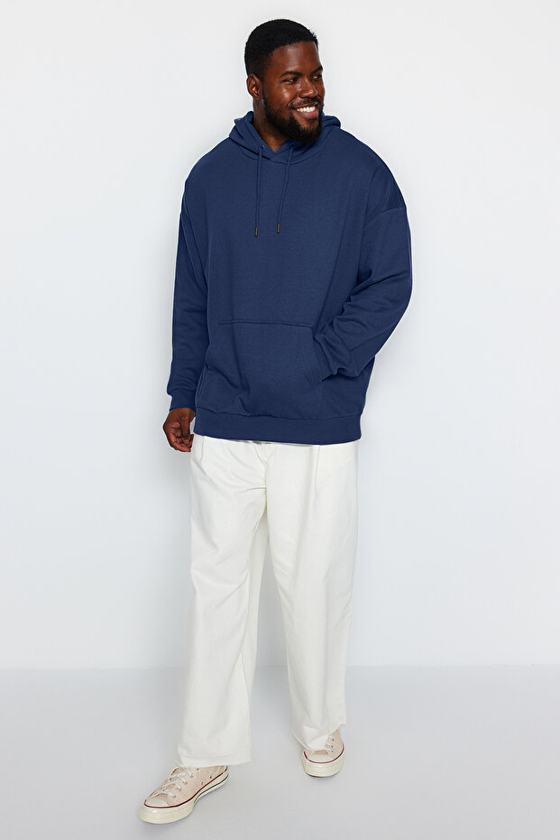 Lacivert Büyük Beden apüşonlu Oversize/Geniş Kesim İçi Polar/Sıcak Tutan Sweatshirt TMNAW24AO00013 - 3